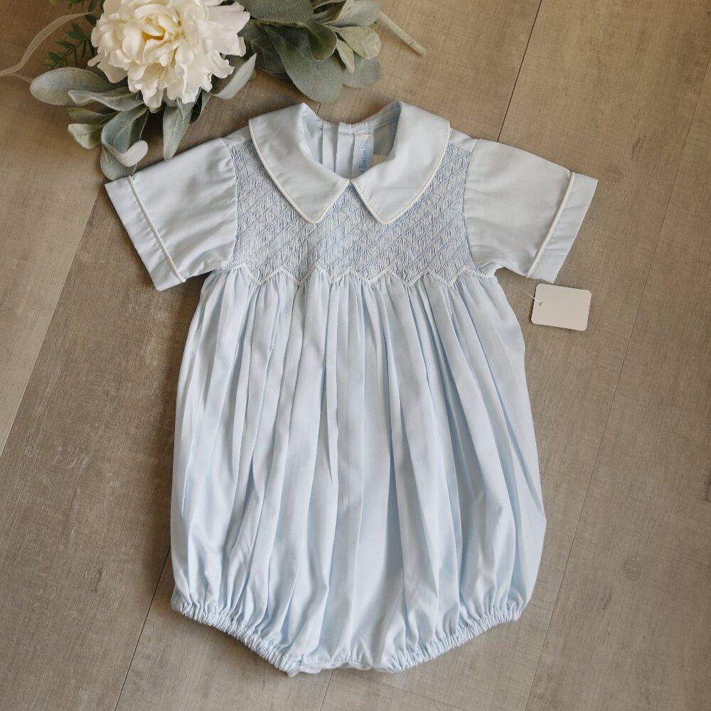 Blue Smocked Heirloom Creeper Romper Ring Bearer Portrait RARE FIND NWOT